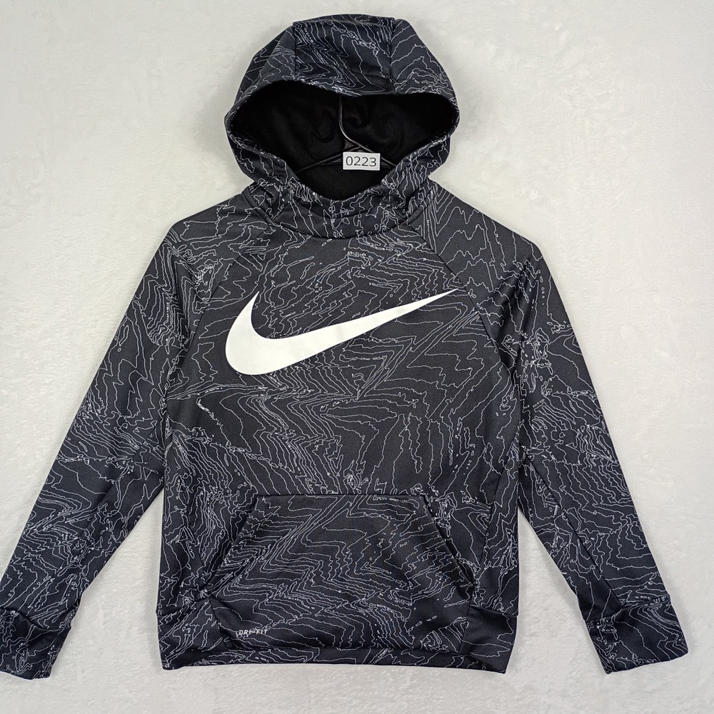 Nike Dri-FIT Topographic Print Hoodie Black‎ White Swoosh Pullover Mens Medium